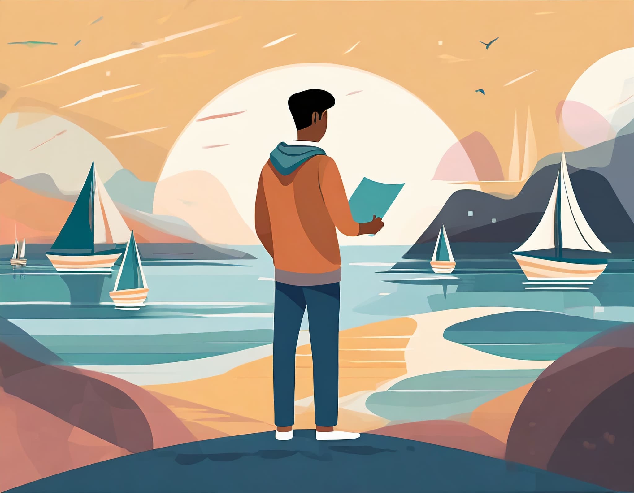 Person with a document in front of sailing yachts